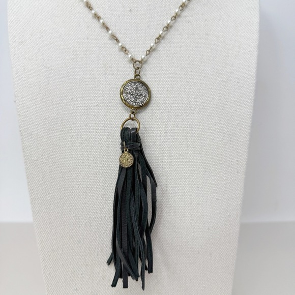 Saint Benedict Coin Necklace Black Leather Tassel Pearl Chain Religious - Picture 1 of 9